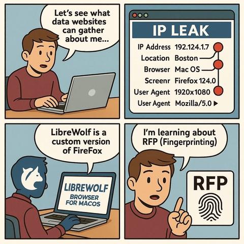 An illustration features two scenes. The first shows a person looking at data related to an IP leak, including their IP address and location. In the second scene, a character with a wolf logo on their head is using a laptop displaying "LibreWolf,"
