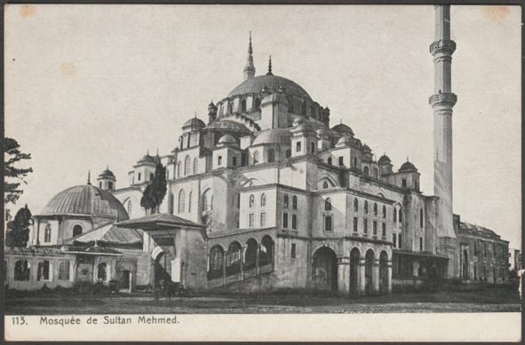 Printed monochrome postcard showing a view of the Mosquée de Sultan Mehmed or Sultan Ahmed Mosque in Constantinople, Turkey.

Publisher not stated, No 113, undivided back, c.1910s.

Postally unused, but with note of visit, dated 20 April 1919.

Good condition, with very slight corner bumps, but some chipping to lower right edge and a few pale marks to front.