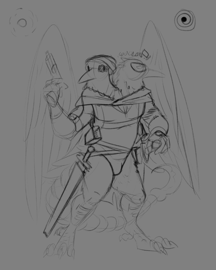 A drawing of a two headed anthro crow wielding swords and guns