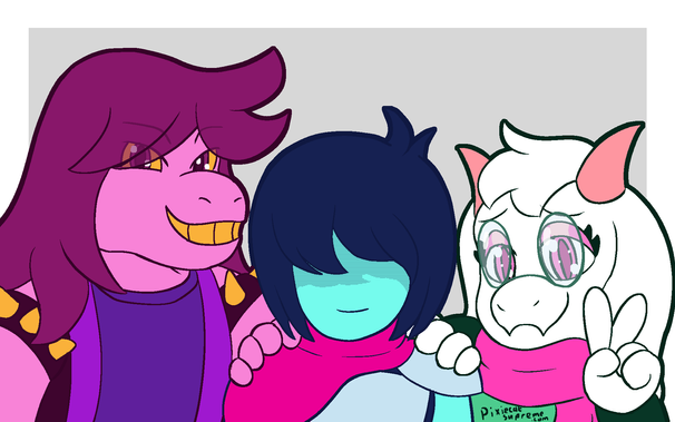 The three main characters from deltarune, from left to right: Susie, the purple monster, Kris the blue human and Ralsei the white goat monster. Ralsei and Susie are each holding Kris' shoulders. All three of them are smiling.
