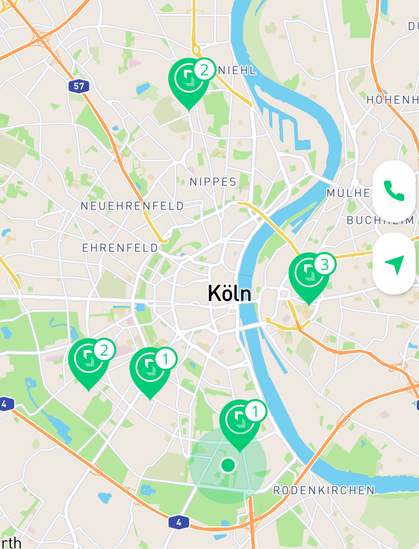 Karte von Köln mit Standorten der Lastenräder