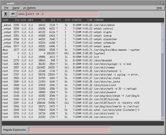 mxkill window, showing output for`ps eaux | sort +0 -1', with all running processes indexed. A "Regular Expression" bar at the bottom allows to parse regex. Motif widgets, with a theme mimicking IRIX desktop on mwm.