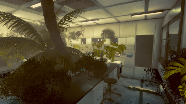 [LLM generated summary] The screenshot depicts a lab in "Office After Hours" overtaken by lush, overgrown vegetation.  The yellowish, muted lighting and the dense foliage create a mood of eerie abandonment and unsettling stillness.  A sense of decay and mystery pervades the scene, contrasting the sterile functionality of the lab equipment with the wild encroachment of nature.