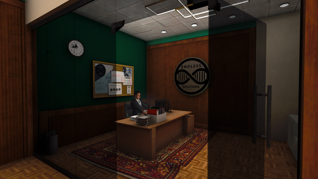 [LLM generated summary] The screenshot depicts the "boss's" office in "Office After Hours," conveying a mood of quiet, slightly unsettling professionalism. The dimly lit space, rich wood paneling, and dark green walls create a subdued, almost secretive atmosphere. The lone figure of the boss, hunched over his computer, adds to the sense of isolation and perhaps, underlying tension.