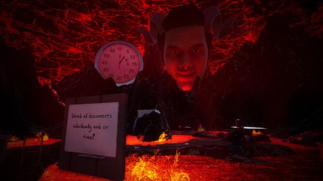 [LLM generated summary] The screenshot depicts a nightmarish, hellish scene. A demonic figure, looming large, watches over the player tasked with the shredding documents. The fiery, lava-filled landscape creates an oppressive, suffocating atmosphere of dread and unrelenting pressure, emphasizing the overwhelming nature of the task and the worker's seemingly inescapable situation. The overall mood is one of intense anxiety and despair, showcasing the absurdity and terror of overwork.