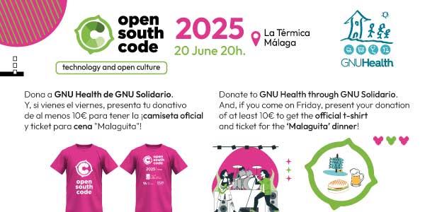 🫶 Dona a @gnuhealth@mastodon.social @gnusolidario@mastodon.social Solidario y transforma la salud pública & health 🌍 

Colabora con free science & medicina social en #OpenSouthCode25

👕 T-shirt + dinner "malaguita" 🐟🍻  Gracias Cervezas Victoria & live music Picky Pressure 🎶 

👉 https://www.eventbrite.es/e/opensouthcode-2025-donacion-a-gnuhealth-donate-to-gnuhealth-tickets-1383994598099
