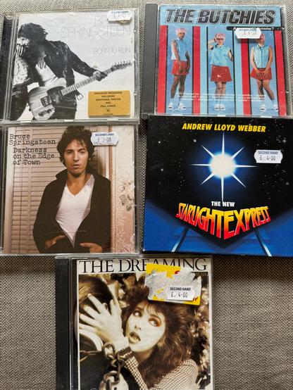 My haul from Record Collector, a second hand record shop in Sheffield:

Bruce Springsteen: Born to Run
Bruce Springsteen: Darkness on the edge of Town
Kate Bush: The Dreaming
The Butches: Are We Not Femme?
Andrew Lloyd Webber: The New Starlight Express