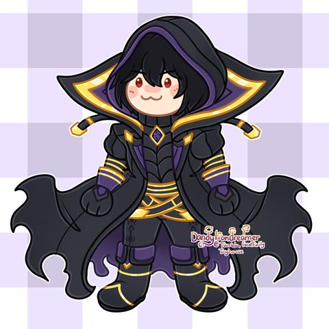 cid from the anime emenence in shadow as a cute chibi style, he wears a long black coat with black clothing and shoes under it, it has gold and purple accents all over the outfit
his face is going >:3