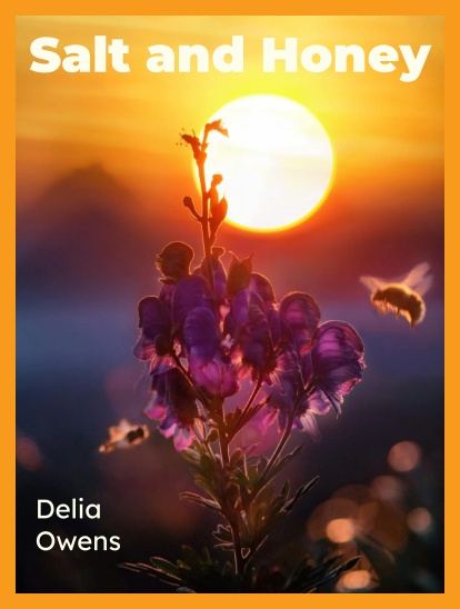 book cover for “Salt and Honey” by Delia Owens showing bees flying near a purple flower with a setting sun