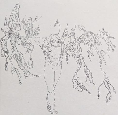 Ballpoint drawing of a muscular humanoid in a vest and cap whose arms have been replaced by a panoply of mechanical and cybernetic systems.