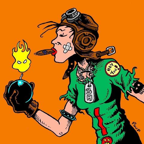 Une fille punky coiffée d'un casque d'avuateur vintage allume un cigare avec la flamme de la mèche d'une bombe. Dessin réalisé pour illustrer une couverture du fanzine Rock Hardi (Clermont-Ferrand) au sujet du groupe punk d'Orléans Burning Heads.

A punky girl wearing a vintage pilot's helmet lights a cigar with the flame from a bomb's fuse. A drawing created to illustrate the cover of the fanzine Rock Hardi from Clermont-Ferrand (France) about the  punk band Burning Heads from Orléans (France).