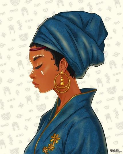 Drawing of a beautiful woman, wearing a headwrap, traditional blue clothes, quiet calm but with strength
