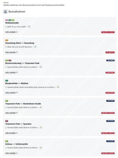 Eine Webseite zeigt eine Liste aktueller Baumaßnahmen im öffentlichen Nahverkehr, überschrieben mit 'Baumaßnahmen' und einem zugehörigen Symbol. Ein Hinweis darüber besagt, dass alle Baumaßnahmen inklusive Bus-Ersatzverkehr in der Fahrplanauskunft enthalten sind. Die Liste führt sieben Einträge mit detaillierten Informationen zu Beeinträchtigungen auf:

1.  Linien S1, S25, S85: Betroffener Bereich Wollankstraße. Dauer: Vom 28.03. (Freitag) circa 4 Uhr bis ins Jahr 2027. Kennzeichnung: Zugverkehr verändert.
2.  Linie S5: Betroffener Bereich Strausberg Nord <-> Strausberg. Dauer: Vom 28.04. (Montag) 4 Uhr bis zum 11.07. (Donnerstag) 22 Uhr. Kennzeichnung: Takt geändert.
3.  Linien S3, S9: Betroffener Bereich Baumschulenweg <-> Treptower Park. Dauer: Nacht vom 02. auf den 03.06. (Montag auf Dienstag) von 23:15 Uhr bis 2:00 Uhr. Kennzeichnung: Nur Nachts, Ersatzverkehr.
4.  Linie S2: Betroffener Bereich Blankenfelde <-> Mahlow. Dauer: Nächte vom 02./03.06. (Mo/Di) bis 05./06.06. (Do/Fr) jeweils von 22 Uhr bis 1:30 Uhr. Kennzeichnung: Ersatzverkehr.
5.  Linie S8: Betroffener Bereich Treptower Park <-> Bornholmer Straße. Dauer: Nacht vom 02. auf den 03.06. (Montag auf Dienstag) von 23:10 Uhr bis 0:30 Uhr. Kennzeichnung: Nur Nachts, Zugverkehr verändert.
6.  Linie S9: Betroffener Bereich Treptower Park <-> Spandau. Dauer: Nacht vom 02. auf den 03.06. (Montag auf Dienstag) von 23:10 Uhr bis 0:30 Uhr. Kennzeichnung: Nur Nachts, Zugverkehr verändert.
7.  Linie S8: Betroffener Bereich G