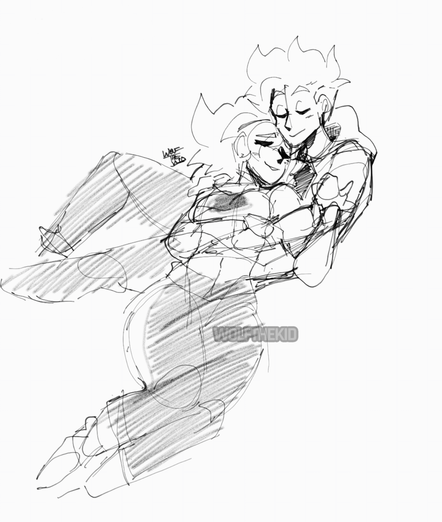 A digital black and white sketch of my OCs, Wolf and Alice, cuddling together.