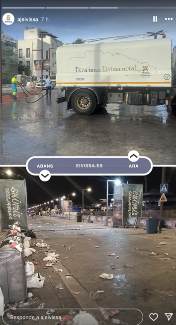 Post d'instagram amb dues fotos comparatives, abans i després. La primera mostra un carrer de nit, molt brut després de la festa "Chinois portside 2025" de l'1 de juny. La segona és del camió al matí netejant amb aigua.