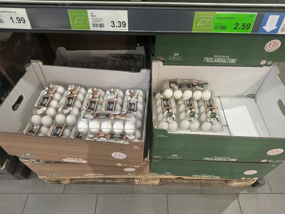 Jeweils zehn Eier in Plastikverpackung.