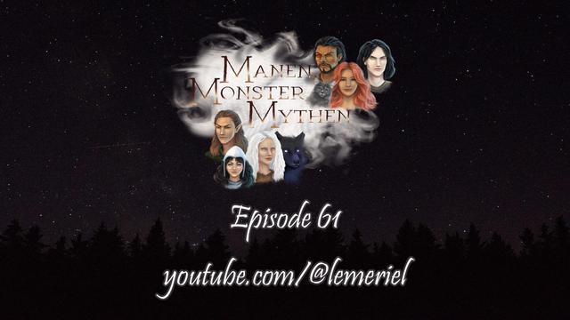 Das Bild zeigt einen klaren, mondlosen Nachthimmel oberhalb der Baumwipfel von Tannen. In der Mitte des Bildes liegt das Logo der MIDGARD-Kampagne, das neben dem Schriftzug „Manen, Monster, Mythen“ die sechs Gefährten zeigt. Dies ist der blonde Elf Amdirîur, die rothaarige, braungebrannte Che’ira, der Tegare Daichin mit seinem roten, rechten Kristallauge, der schwarzhaarige und hellhäutige Dragan, die weißhaarige Jiskra mit ihrem Schattenwolf und die Gnomin Prina mit ihrer weißen Lederkappe.

Darunter steht Episode 61 und der YouTube-Link zum Kanal von Lemeriel.