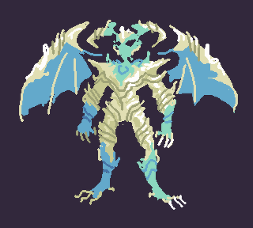 A demon that appears male with teal flesh, a white exoskeleton and large wings.