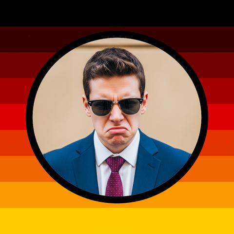 verbittert schauender Mann mit Stolzmonat-Farben als Hintergrund.