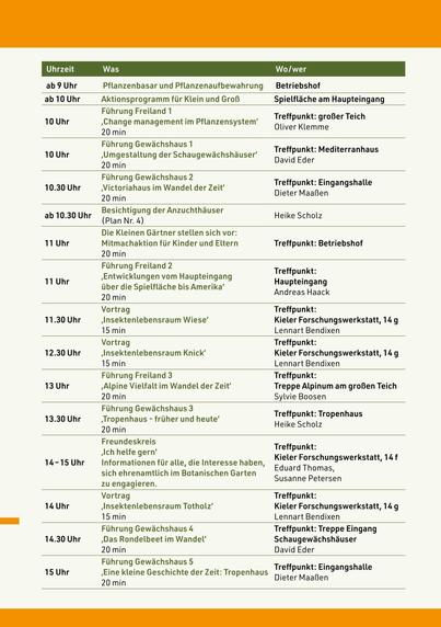 ab 9 Uhr Pflanzenbasar, ab 10 Uhr Aktionsprogramm Spielfläche, 10 Uhr Führungen Freiland und Gewächshaus, 10.30 Uhr Führung Gewächshaus, Besichtigung Anzuchtgewächshäuser, 11 Uhr Kleine Gärtner, Führung Freiland, 11.30 Uhr Vortrag, 12.30 Uhr Vortrag, 13 Uhr Führung Freiland, 13.30 Uhr Führung Gewächshaus, 14 Uhr Freundeskreis, 14 Uhr Vortrag, 14.30 Führung Gewächshaus, 15 Uhr Führung Gewächshaus