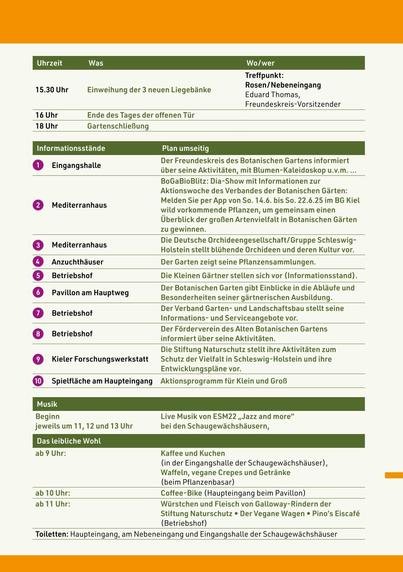 15.30 Uhr Einweihung Liegebänke, 16 Uhr Ende der Veranstaltung, 18 Uhr Gartenschließung, Musik um 11 Uhr, 12 Uhr, 13 Uhr, ab 9 Uhr Kaffee und Kuchen, Waffeln, ab 10 Uhr Coffee-Bike, ab 11 Uhr Würstchen und Fleisch von Galloway Rindern
