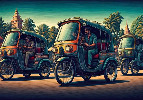 A group of moto taxis fills the streets of a unidentified asian city