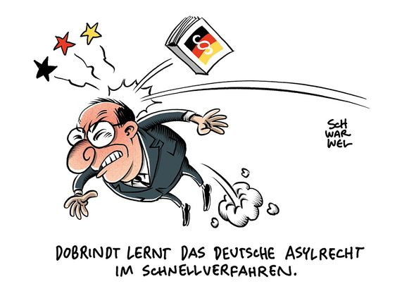 Innenminister Dobrint bekommt mit voller Wucht ein deutsches Gesetzbuch an den Hinterkopf geknallt. Unterzeile: „DOBRINDT LERNT DAS DEUTSCHE ASYLRECHT IM SCHNELLVERFAHREN.“ (Credit: SCHWARWEL)