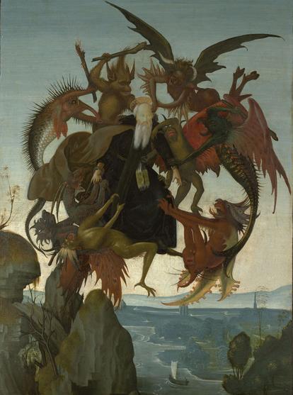 a balding white-haired bearded man in a monk-type robe and a halo is in the air above some rocks with a determined expression. he is surrounded by a variety of fanciful monsters who are attacking him in various ways, some have clubs raised to hit him while others seem to be trying to pull him down. some of the demons have wings and they are variously monkey-like, fish-like, bug-like, hairy, spiky, scaled, impish, etc.
