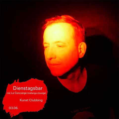 Ein Foto des in grelles Rot getauchten Gesichts von Le Concierge, auf dem Bild die Textinformationen: 
"Dienstagsbar mit Le Concierge (m#elange étrange)
Kunst Clubbing
03.06."