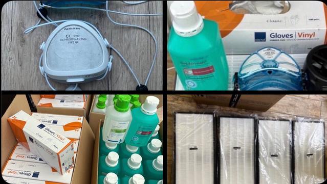Vier Fotos mit Masken, Desinfektionsmittel, Handschuhe und Ersatzfilter.