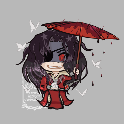 Chibi of Hua Cheng with his umbrella, some blood rain, butterflies and a flower :3