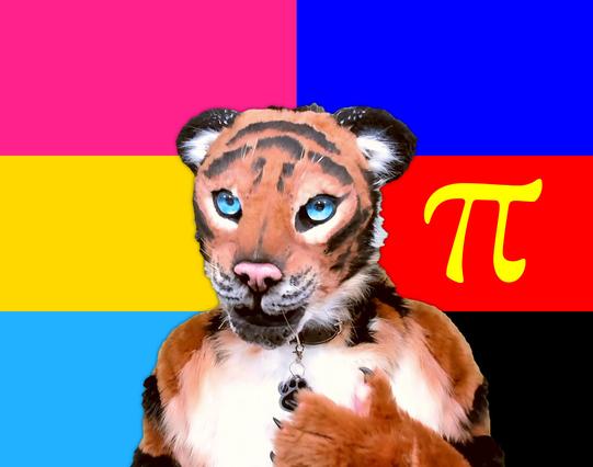 Tiger fursuiter in front of a panseual and a polyamorous flags