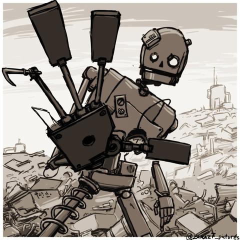 The picture shows a robot standing in the middle of a scrap yard. Its appearance is assembled from various, obviously random and found parts — it seems that it is literally constructed from debris. He leans forward and holds out his hand to the viewer, as if trying to attract attention or greet.
This hand is particularly expressive: it consists of a broken palm, where the fingers are replaced by dissimilar objects. One finger is a sharp metal hook, the other is a piece of glass. The whole structure looks unstable, but functional. The robot's body is also heterogeneous: its chest is a flat metal plate with buttons, sensors and wires, and its legs consist of springs and hinges. His head resembles a skull with empty eye sockets and a rectangular mouth, and a part like a board or patch is screwed to it.
The background is littered with machinery and building debris, creating the atmosphere of a post-apocalyptic landfill. Silhouettes of other cars or structures can be seen on the horizon.