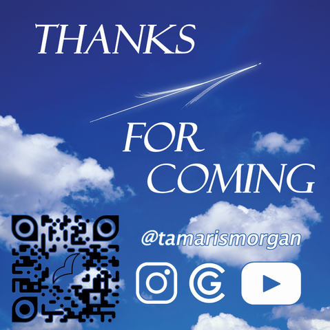 "Thanks for coming" on a blue sky with a small figure leaving a trail between clouds. There's a QR Code leading to the globalcomix releases of Silver & Gold, you can follow me on there, Instagram & Youtube @tamarismorgan.