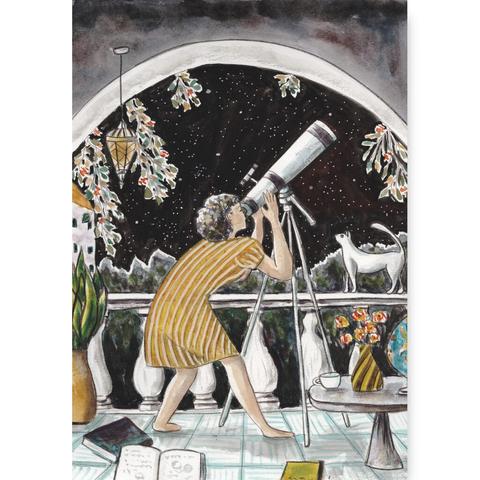 A young girl is looking through the telescope from her balcony