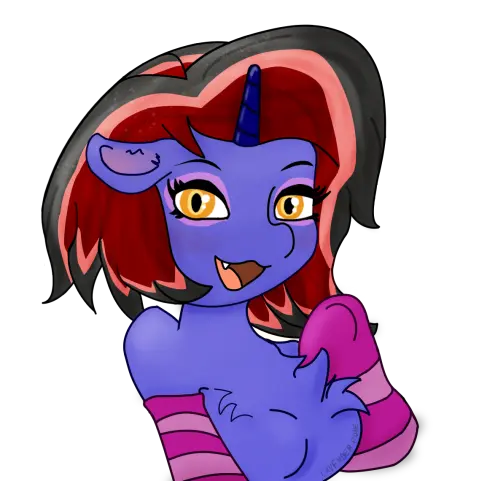 A blue unicorn pony with orange eyes, purple and pink socks, red rose and black hair