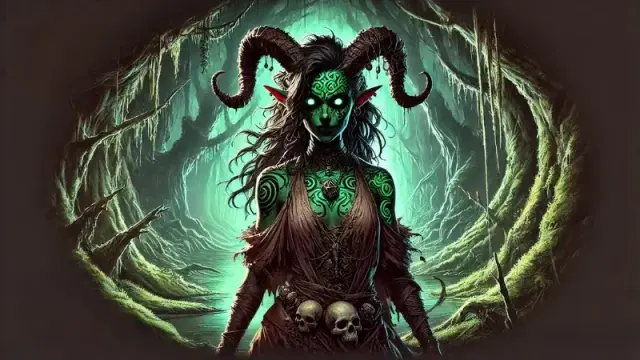 Concept art for the new Dungeons & Dragons video game from Giant Skull, featuring a creepy female tiefling warlock in a cave in a swamp.