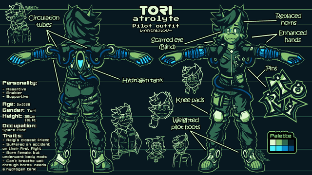 A ref sheet of a humanoid alien with straight horns in a space fighter zip-up outfit. They have a green gameboy color palette, with blue arms and fingertips, they have tubes connected to their arms and legs. the ref sheet shows the front and back of Tori, detailing each distinct part of their design.