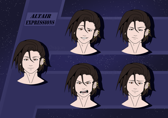 A reference sheet featuring five different emotions of a man with short brown hair and several earrings.