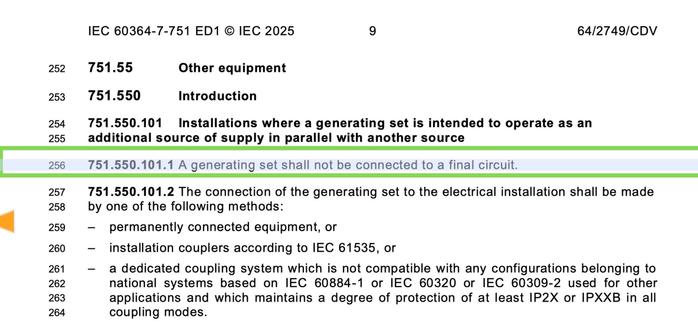 "A generating set shall not be connected to a final circuit."
This wording would mean that plug-in solar devices (which do exactly that: Connect to an existing final circuit) would no longer be permitted.