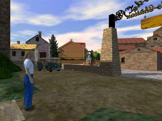 🕶️ A view of the protagonist as he stands in a village square in FRANCE. Grace Nakimura, his assistant, can be seen in the background next to a Volkswagen combi.

📚️ Gabriel Knight 3: Blood of the Sacred, Blood of the Damned (GK3) is the 3rd installment (released in 1999) in 3D and objective view, of a series of adventure games (in 4 installments) featuring the eponymous protagonist, a New Orleans writer who, to revive his inspiration and help his friend Inspector Mosely, investigates a series of homicides dubbed by the press "the voodoo murders". His investigations lead him to discover that he is the descendant of a line of "Schattenjäger" (shadow hunters) who fight these shadowy beings (by cunning, as they have no powers). This 3rd opus takes him to a village in Languedoc, France, in an investigation that links up with the story of the Grail, the Templar Treasure and the Cathars. G-Engine is a libre, multi-platform, compatible engine currently under development (the game can be completed since v.0.3.0).