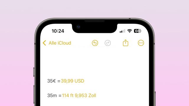 Notizen-App auf einem iPhone zeigt eine Umrechnung von Währungen und Längenmaßen vor einem hellrosafarbenen Farbverlauf im Hintergrund an.
