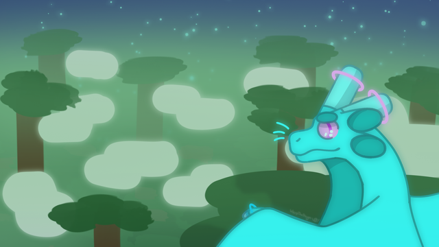 a drawing of an aqua colored dragon sitting on a very tall tree above the clouds. below is an extremely foggy forest.