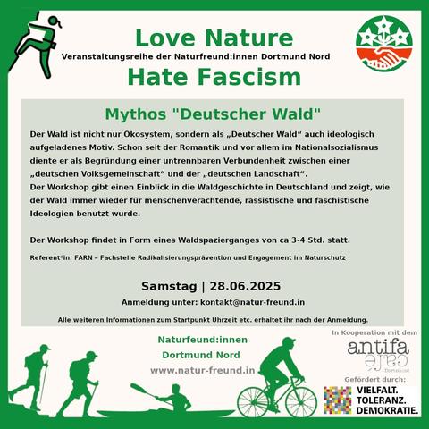 Mythos Deutscher Wald

Der Wald ist nicht nur Ökosystem, sondern als „Deutscher Wald“ auch ideologisch aufgeladenes Motiv. Schon seit der Romantik und vor allem im Nationalsozialismus diente er als Begründung einer untrennbaren Verbundenheit zwischen einer „deutschen Volksgemeinschaft“ und der „deutschen Landschaft“.

Der Workshop gibt einen Einblick in die Waldgeschichte in Deutschland und zeigt, wie der Wald immer wieder für menschenverachtende, rassistische und faschistische Ideologien benutzt wurde. Auch heute beziehen sich extrem rechte Gruppierungen auf den Wald, um ihre völkischen Ideen von Heimatliebe, Nationalismus und dem Kampf gegen das vermeintlich Fremde zu verbreiten.

Der Workshop findet in Form eines Waldspazierganges (3-4 Std.) statt.

Referent*in:  FARN – Fachstelle Radikalisierungsprävention und Engagement im Naturschutz

Samstag
28.06.2025
Anmeldung unter: kontakt@natur-freund.in

Alle weiteren Informationen zum Startpunkt Uhrzeit etc. erhaltet ihr nach der Anmeldung.