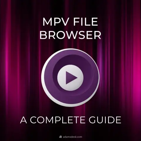 A red purple theatre style curtain covers the background as large MPV logo stand in the middle made up of circular swirls to create a play button in white and purple colours. Clear and prominent text stands next to the logo that says, 'MPV File Browser A Complete Guide'.