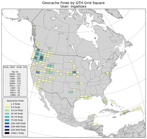 A map of North America showing QTH grid squares I have geocached in. The top three are DN06 (Kennewick) with 920, DN05 (Hermiston) with 225, and CN89 (Vancouver) with 209.