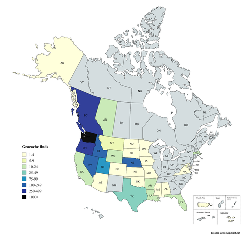 A map of North America showing states and provinces I've geocached in. Those with over 100 are WA, OR, BC, NV, ID, and NE.