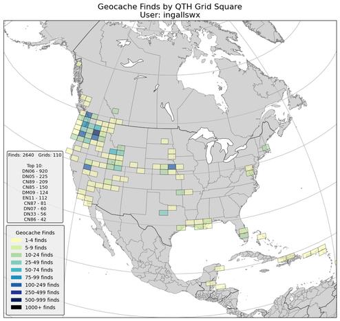 A map of North America showing QTH grid squares I have geocached in. The top three are DN06 (Kennewick) with 920, DN05 (Hermiston) with 225, and CN89 (Vancouver) with 209.