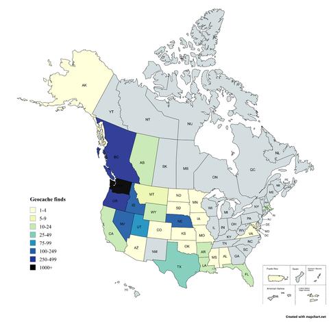 A map of North America showing states and provinces I've geocached in. Those with over 100 are WA, OR, BC, NV, ID, and NE.
