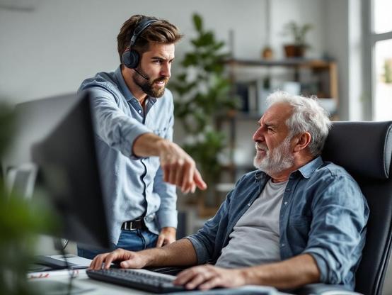 A picture of a tech support employee in his mid-20s trying to explain to a man in his late 40s how the PC they're both sitting in front of works. The young man points at the monitor and looks at the older man, who just rolls his eyes.